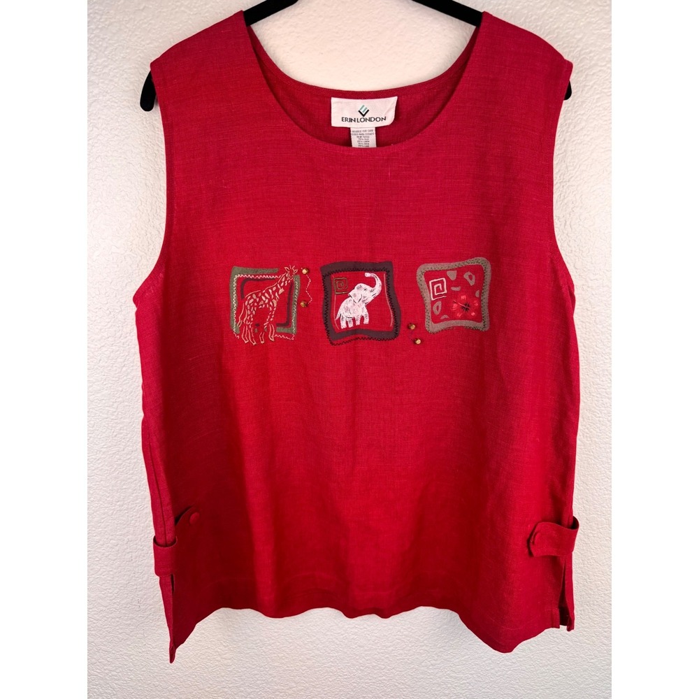 Erin London Top XL Red Silk Linen‎ Embroidered Safari Sleeveless Button Tab Vest